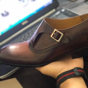 Men's Leather Monk Strap  Brown Brogue Shoes - leathersguru