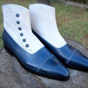 Bespoke Cap Toe White Blue Button Top Boots - leathersguru