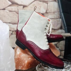 Handmade Men's Ankle Leather Suede Burgundy White Lace Up Boot - leathersguru