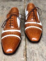 Men's Leather White Brown Cap Toe Lace Up Shoes - leathersguru