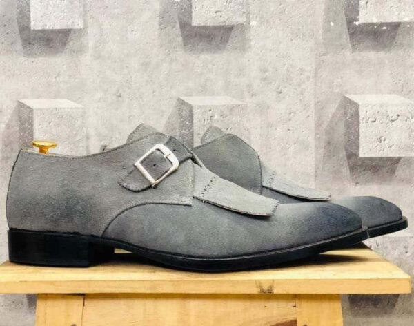 Men's Gray Monk Buckle Fringe Suede Shoe - leathersguru