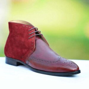 Handmade Burgundy Leather Suede Wing Tip Chukka Boot - leathersguru