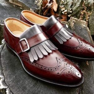 Men's Leather Monk Strap Brown Gray Fringe Wing Tip Brogue Shoes - leathersguru