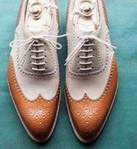 Men's Leather  White Brown Wing Tip Brogue Lace Up Shoes - leathersguru