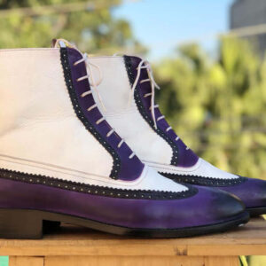 Bespoke White & Purple Leather High Ankle Wing Tip Boot - leathersguru