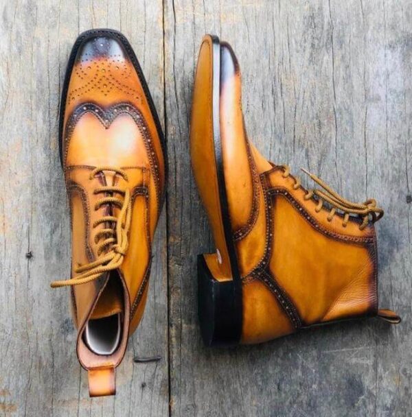 Handmade Men's Ankle High Leather Tan Wing Tip Lace Up Boot - leathersguru