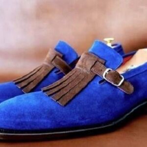 Handmade Blue Suede Fringe Monk Loafers - leathersguru