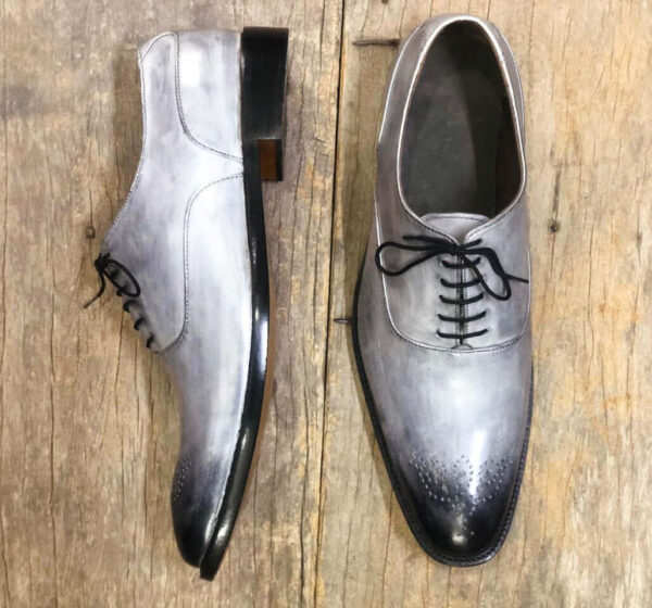 Bespoke Gray Leather Brogue Toe Lace Up Shoe for Men - leathersguru