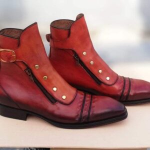 Handmade Cap Toe Burgundy Leather Buckle Boots - leathersguru