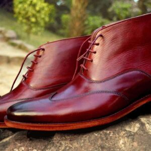 Handmade Burgundy Leather Wing Tip Lace Up Boot - leathersguru