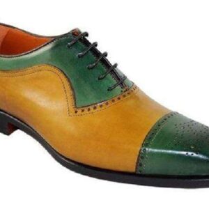 Men's Leather Tan Green Cap Toe Brogue Lace Up Shoes - leathersguru