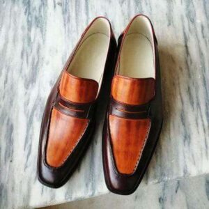 Handmade Men's Tan Brown Leather Penny Loafers - leathersguru