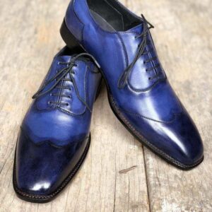 Handmade Men's Leather Blue Wing Tip Shoes - leathersguru