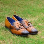 Handmade Two Tone Tan Leather Fringe Tussles Loafer - leathersguru