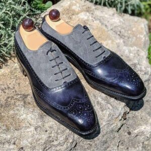 Handmade Men's Blue Gray Leather Suede Shoes, Formal Shoes