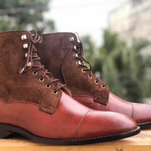 Bespoke Brown Burgundy Leather Suede Ankle Lace Up Boot - leathersguru