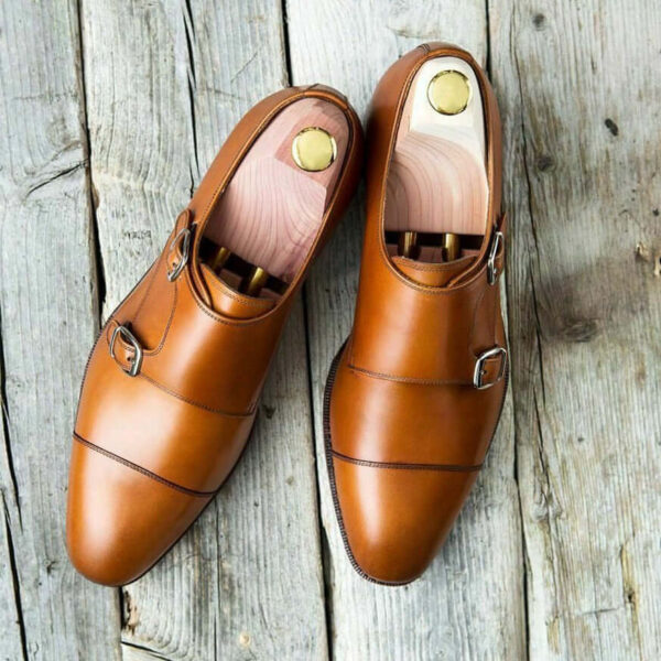 Bespoke Brown Cap Toe Double Monk Strap Shoes for Men's - leathersguru