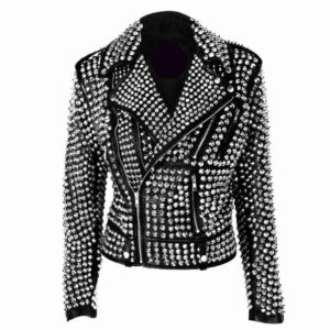 A.L.C Woman Full Silver Studded Punk Cowhide Leather Jacket - leathersguru