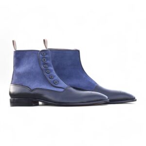 Ankle Black Blue Button Top Leather Suede Boots - leathersguru