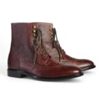 Ankle Dark Brown Wing Tip Lace Up Pebbled Leather Boots - leathersguru