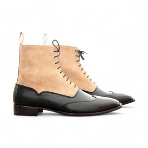 Ankle High Black & Beige Wing Tip Leather Suede Boot - leathersguru