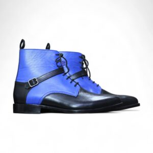 Ankle High Black Blue Leather Boot, Handmade Buckle Lace Up Style Boot For Men's