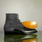 Ankle High Black & Gray Wing Tip Leather Suede Boots - leathersguru