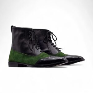 Ankle High Black Green Wing Tip Boot, Lace Up Boot, Hand Painted Street Wear Boot