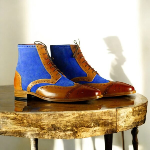 Ankle High Blue Brown Wing Tip Leather Suede Handmade Fashion Boot