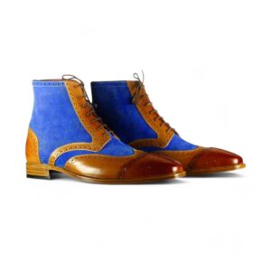 Ankle High Blue Brown Wing Tip Leather Suede Handmade Fashion Boot