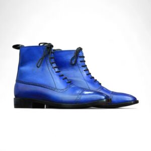 Ankle High Blue Cap Toe Lace Up Boot, Handmade Boot, Fashion Leather Boot