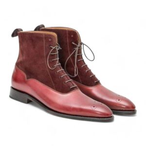 Ankle High Brogue Toe Leather Suede Maroon Boot - leathersguru