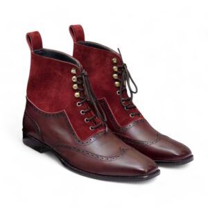 Ankle High Cordovan Leather Suede Boot, Wing Tip Style Hand Painted Boot