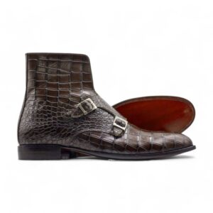 Ankle High Double Buckle Handmade Brown Alligator Leather Boots for Men's