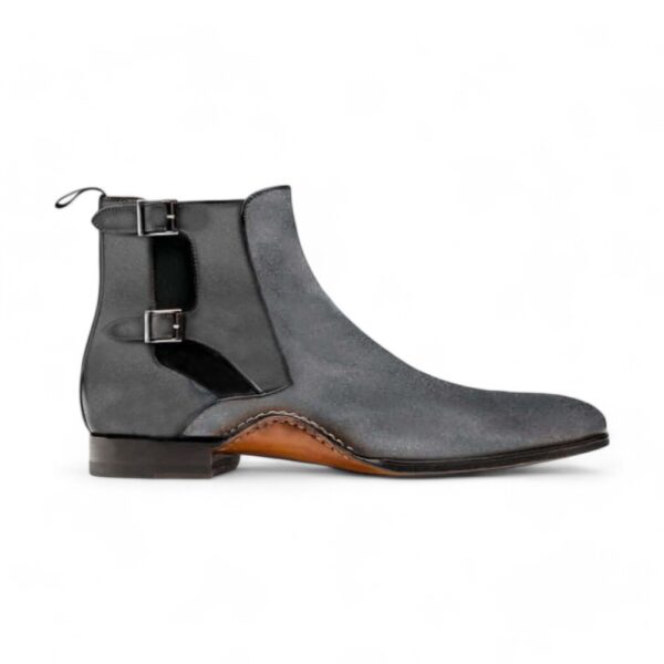 Ankle High Gray Color Chelsea Boot, Men's Handmade Suede Double Buckle Boots