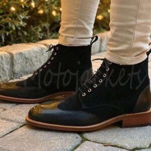 Handmade Black Leather Suede Wing Boots - leathersguru