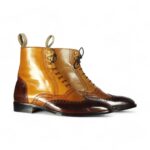 Ankle High Tan & Burgundy Wing Tip Leather Boot - leathersguru