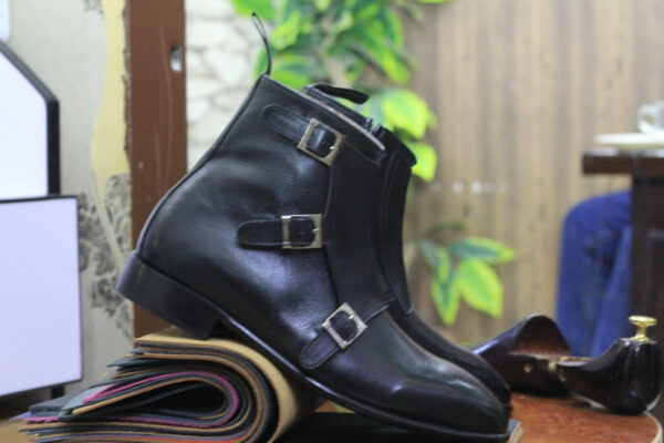 Ankle High Black Leather Triple Buckle Boot. Side Zipper Boot ,Street Wear Boots For Men's