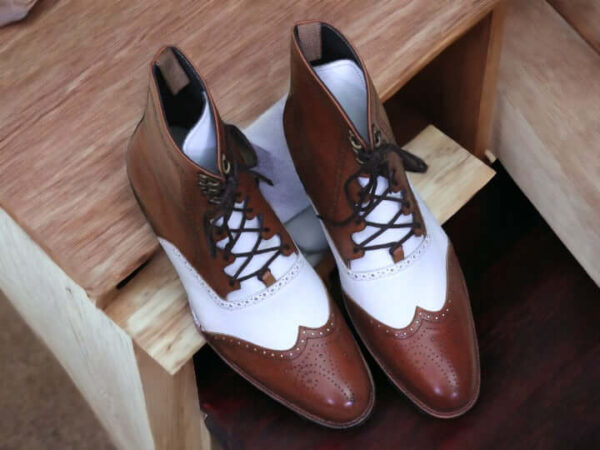 Ankle High Brown & White Lace Up Boot, Wing Tip Formal Boot