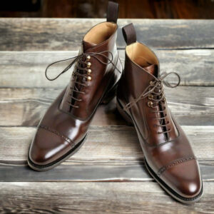 Ankle High Handmade Brown Cap Toe Lace Up Boot, Men's Pure Leather Boot