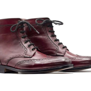 Ankle High Handmade Cordovan Ankle High Boots, Wing Tip Lace Up Leather Boots