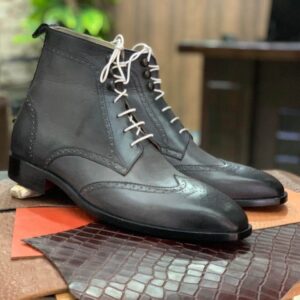 Ankle High Men's Handmade Gray Leather Brogue Boots, Stylish Classic Boot