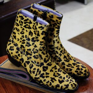 Ankle High Men's Leopard Boot, Handmade Side Zipper Men's Fashion Wear Boot