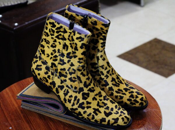 Ankle High Men's Leopard Boot, Handmade Side Zipper Men's Fashion Wear Boot