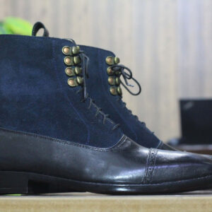 Handmade Ankle High Navy Blue Leather Suede Boot, Lace Up Boots For Men's