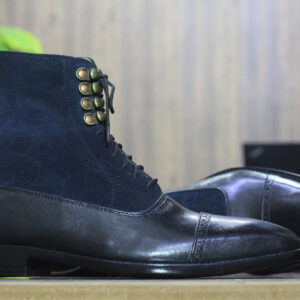 Handmade Ankle High Navy Blue Leather Suede Boot, Lace Up Boots For Men's