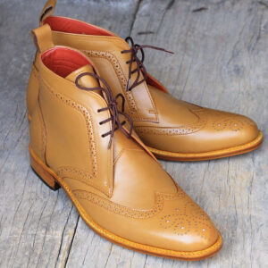 Ankle High Tan Color Chukka Boot, Men's Handmade Leather Wingtip Brogue Lace Up Boots