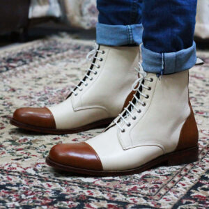 Handmade Brown & White Ankle high Cap toe Leather Boots - leathersguru