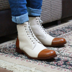 Handmade Brown & White Ankle high Cap toe Leather Boots - leathersguru