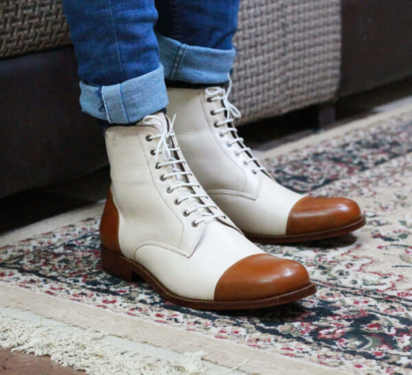 Handmade Brown & White Ankle high Cap toe Leather Boots - leathersguru